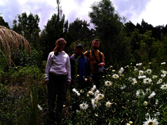 Drei Personen stehen auf Dynamischer Agroforstparzelle in Bolivien