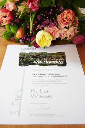 Urkunde der Auszeichnung "Tropheé de femmes" für die Geschäftsführerin Katja Wiese von Naturefund