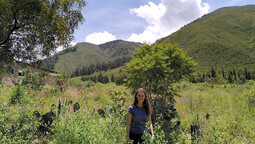 Katja Wiese auf bewirtschafteter Parzelle vor Andenhängen in Bolivien