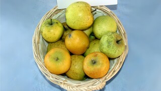 Ein Korb mit Äpfeln der Sorte Ananasrenette. Die kleinen Früchte haben eine grüngelbe bis gelbe Schale
