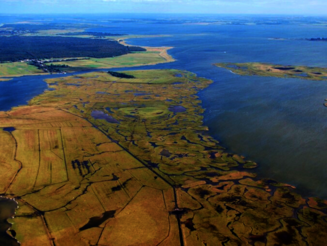 Die Insel Kirr in Mecklenburg-Vorpommern aus der Vogelperspektive fotografiert 